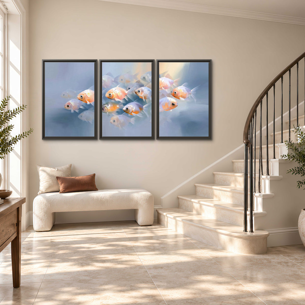 Rounded peach and gold fish floating in a softly lit blue underwater scene 3 piece framed canvas wall art styled in an interior