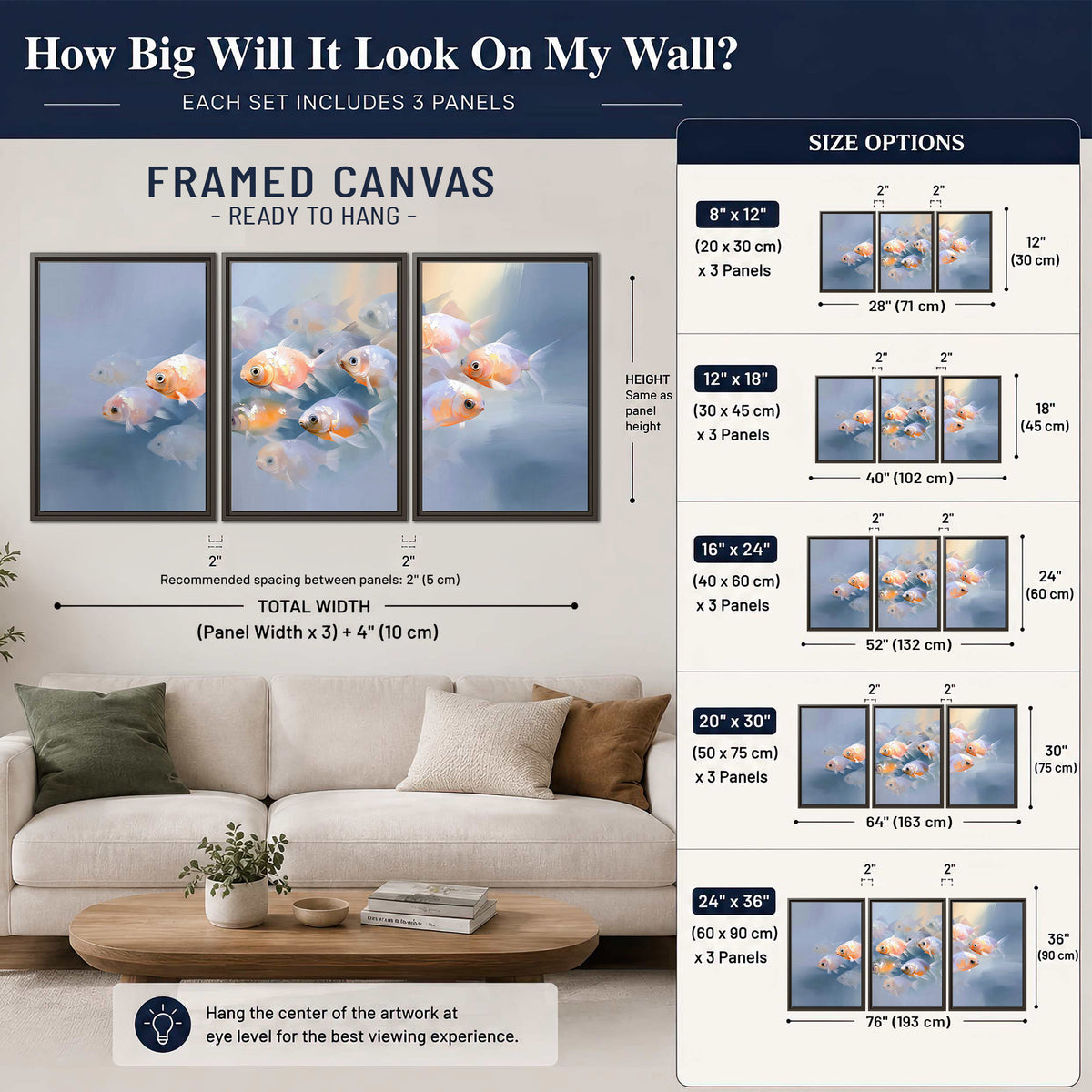 Rounded peach and gold fish floating in a softly lit blue underwater scene 3 piece framed canvas wall art size guide above a sofa; room view is illustrative