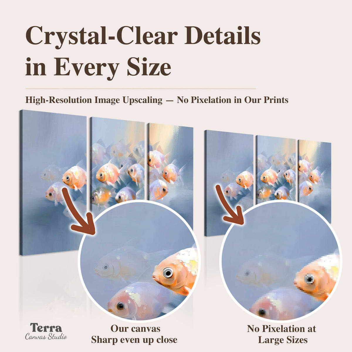 Rounded peach and gold fish floating in a softly lit blue underwater scene artwork quality information
