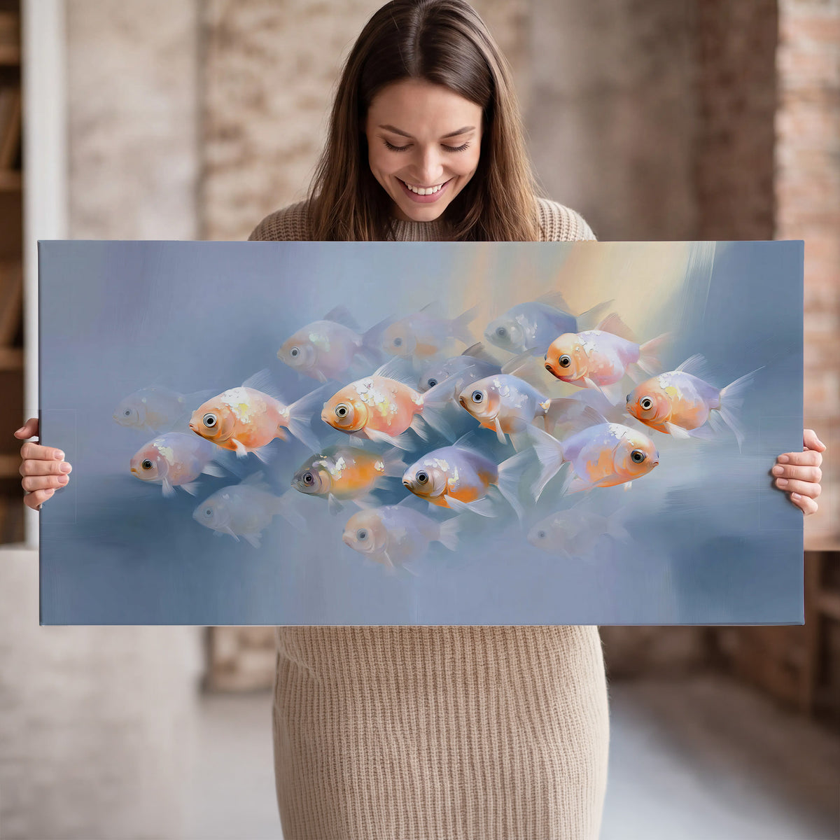 Rounded peach and gold fish floating in a softly lit blue underwater scene single canvas wall art held in hands