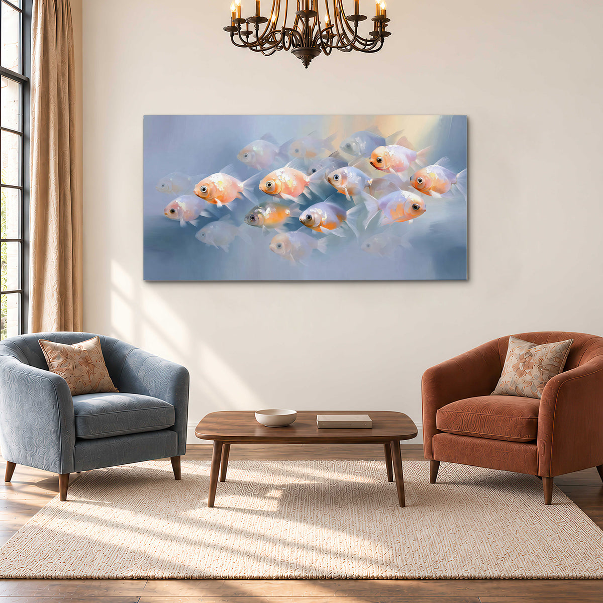 Rounded peach and gold fish floating in a softly lit blue underwater scene single canvas wall art styled in an interior