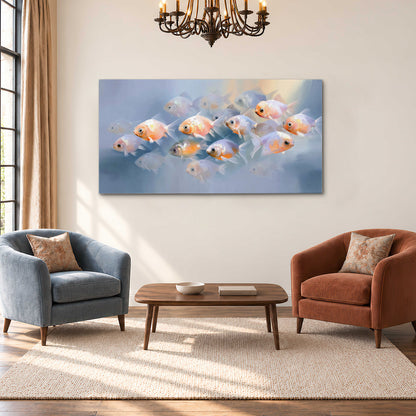 Rounded peach and gold fish floating in a softly lit blue underwater scene single canvas wall art styled in an interior