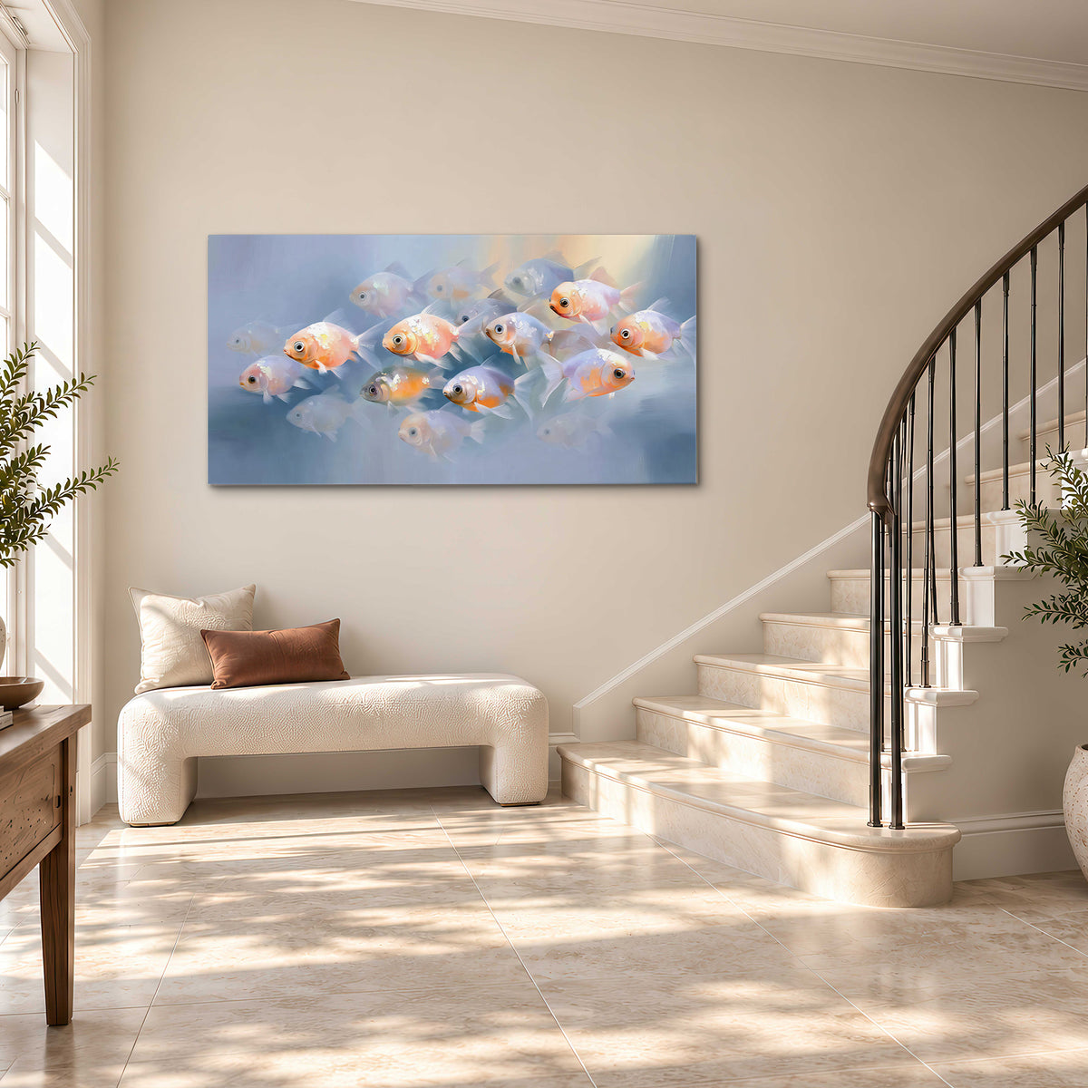 Rounded peach and gold fish floating in a softly lit blue underwater scene single canvas wall art styled in an interior