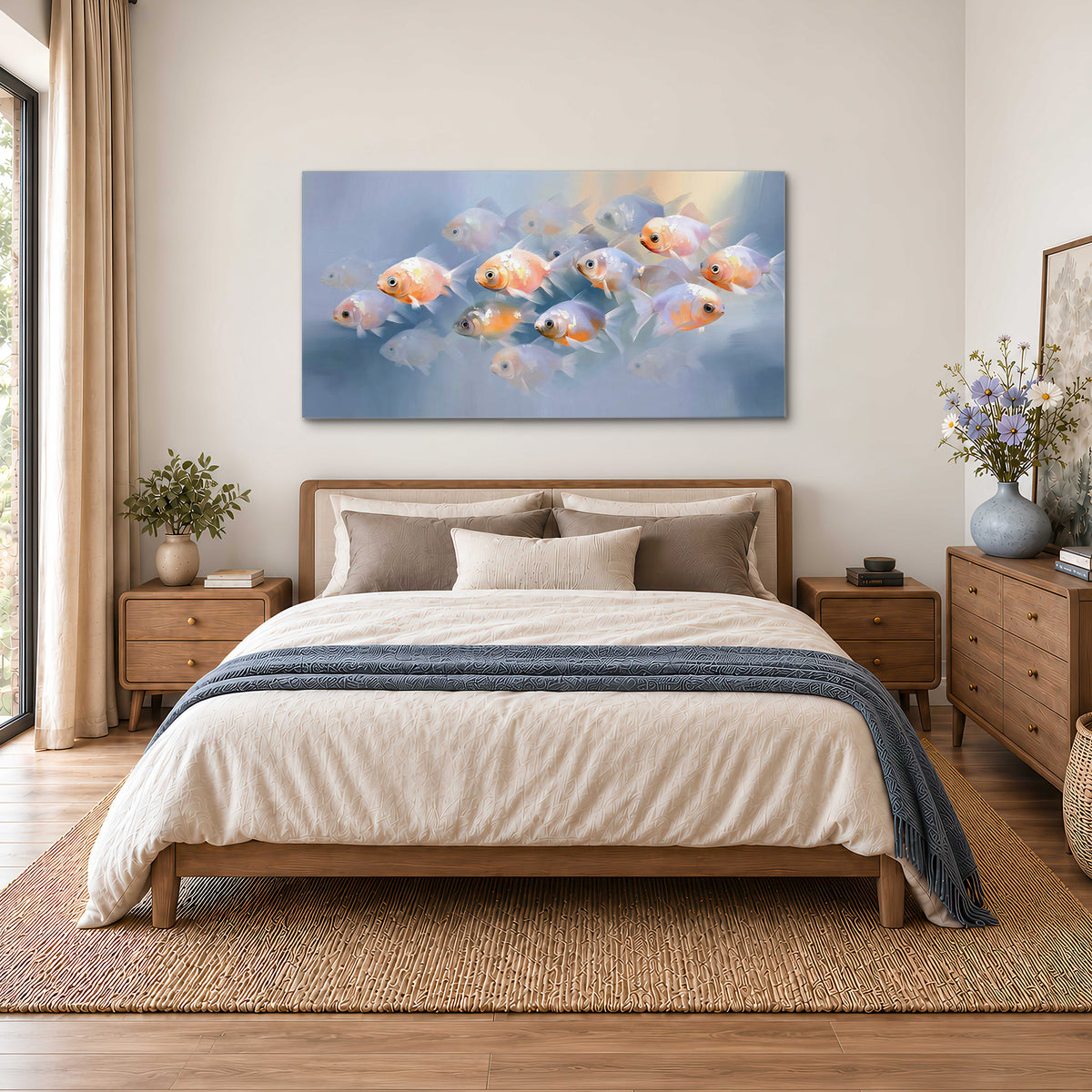 Rounded peach and gold fish floating in a softly lit blue underwater scene single canvas wall art styled in an interior
