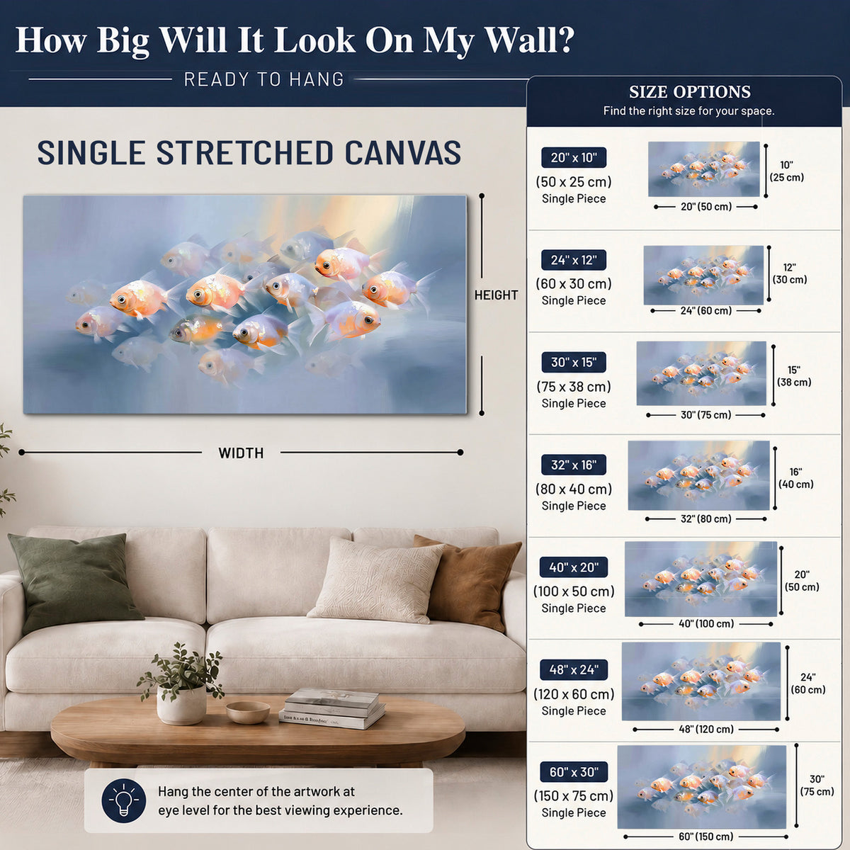 Rounded peach and gold fish floating in a softly lit blue underwater scene single canvas wall art size guide above a sofa; room view is illustrative
