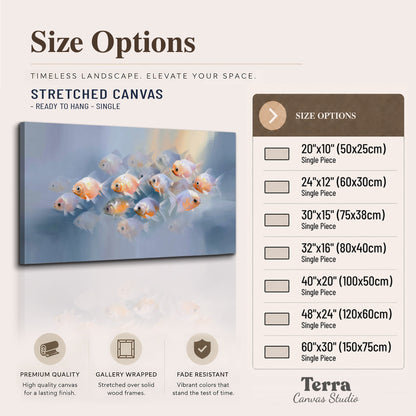 Rounded peach and gold fish floating in a softly lit blue underwater scene single canvas wall art available dimensions