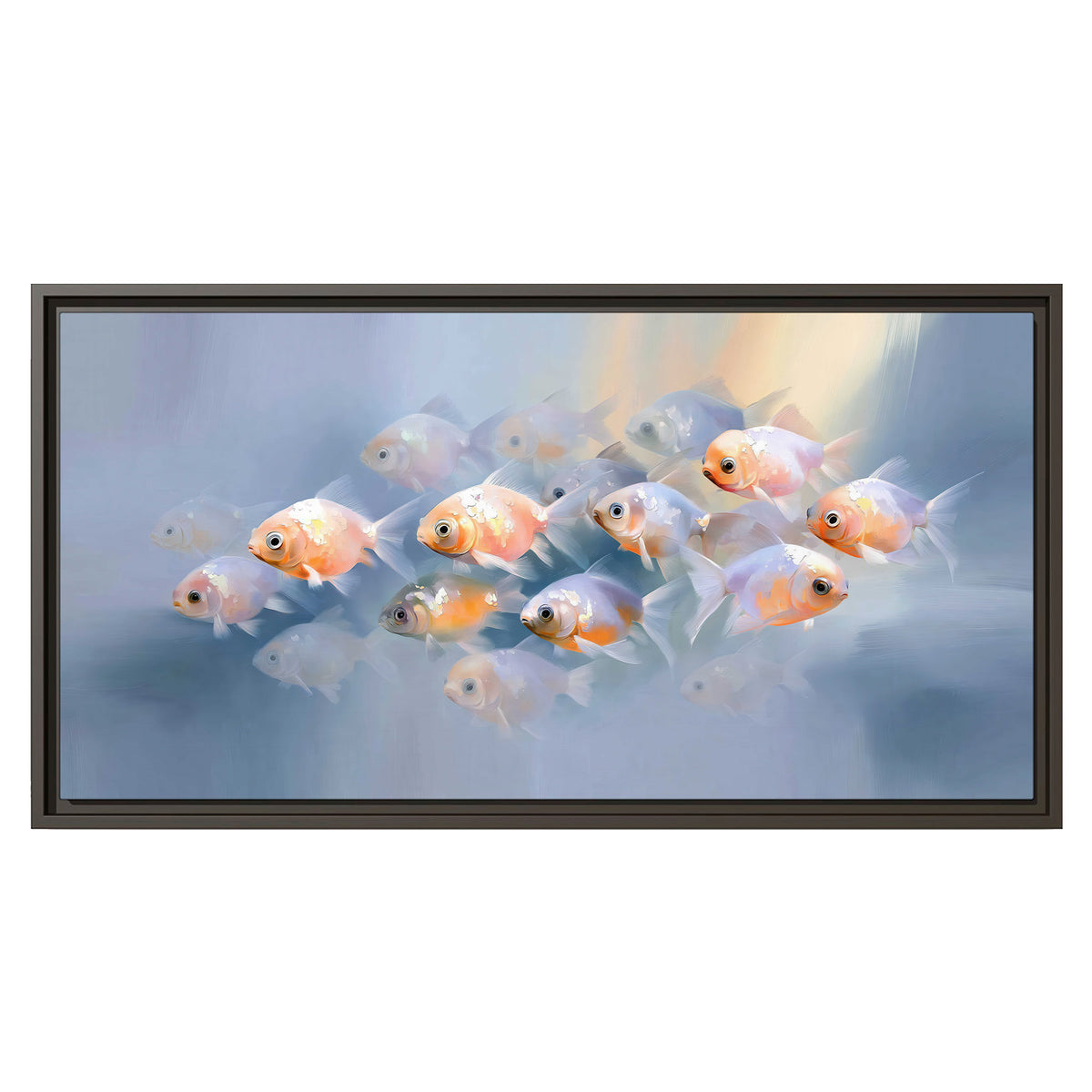 Rounded peach and gold fish floating in a softly lit blue underwater scene single framed canvas wall art viewed straight on