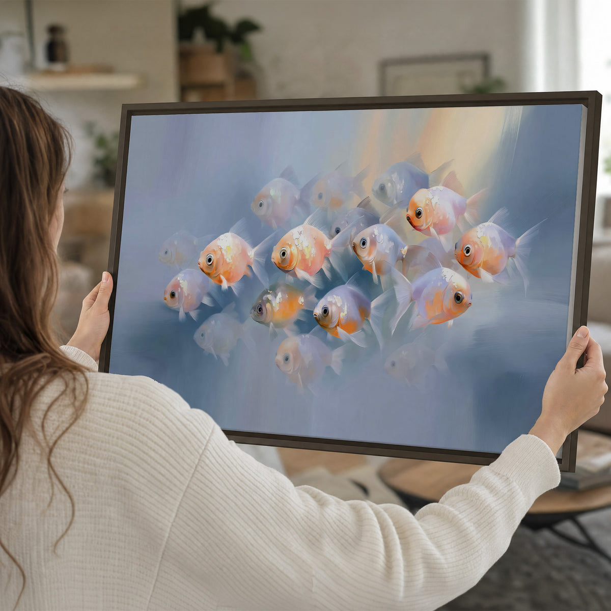 Rounded peach and gold fish floating in a softly lit blue underwater scene single framed canvas wall art held in hands