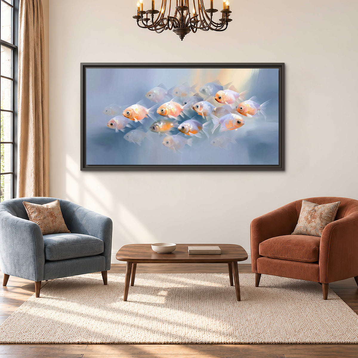 Rounded peach and gold fish floating in a softly lit blue underwater scene single framed canvas wall art styled in an interior