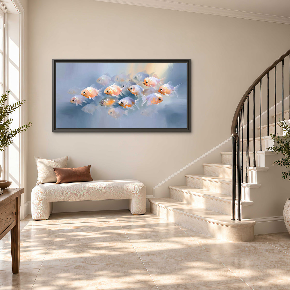 Rounded peach and gold fish floating in a softly lit blue underwater scene single framed canvas wall art styled in an interior