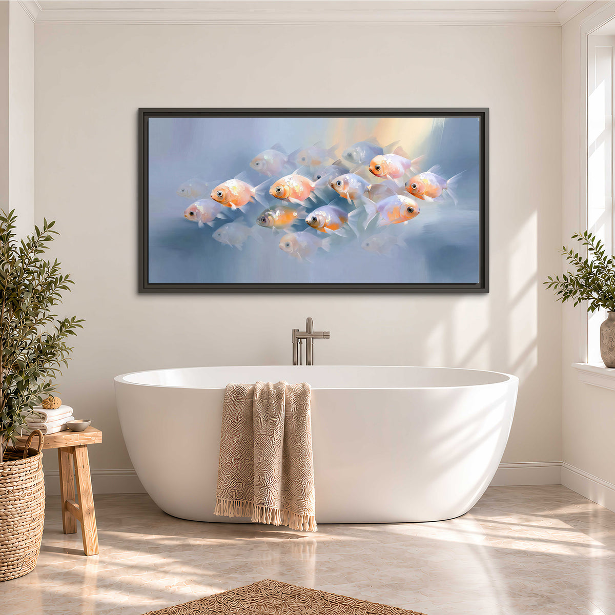 Rounded peach and gold fish floating in a softly lit blue underwater scene single framed canvas wall art styled in an interior