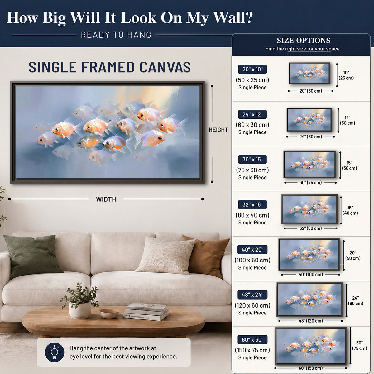 Rounded peach and gold fish floating in a softly lit blue underwater scene single framed canvas wall art size guide above a sofa; room view is illustrative