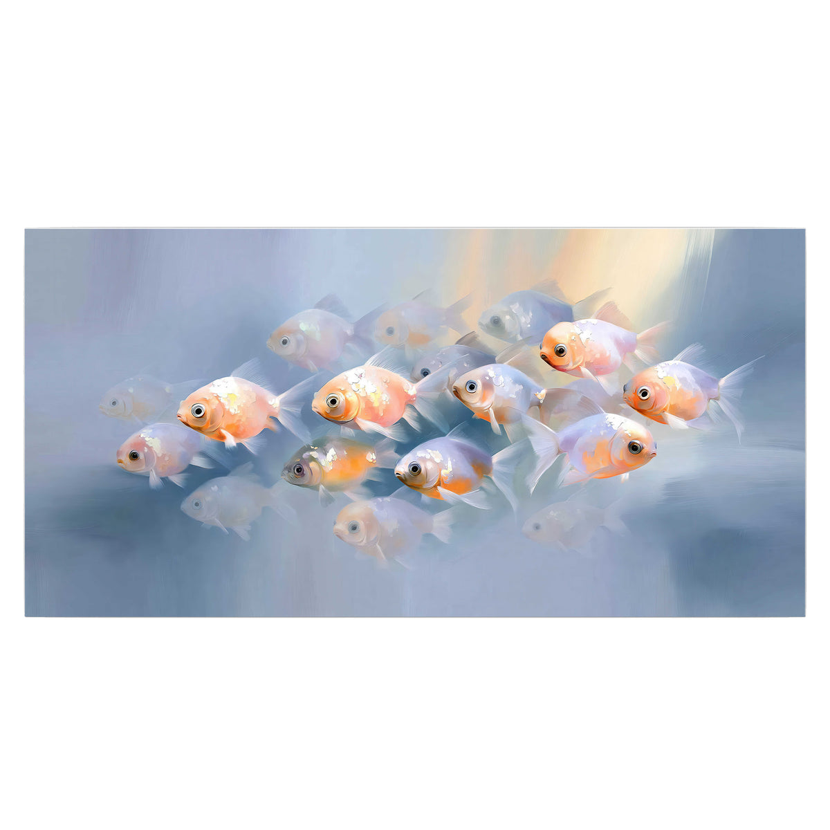 Rounded peach and gold fish floating in a softly lit blue underwater scene single poster print viewed straight on