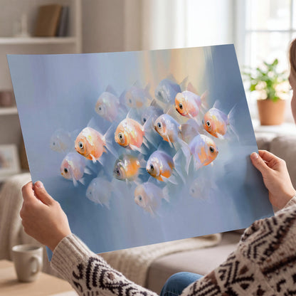 Rounded peach and gold fish floating in a softly lit blue underwater scene single poster print held in hands