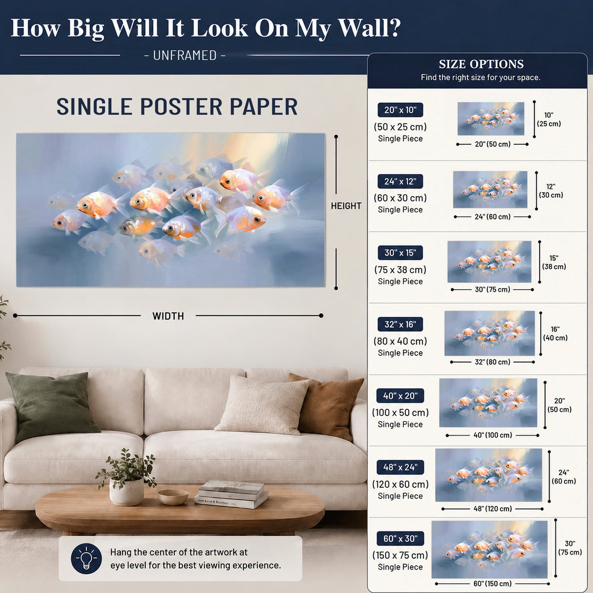 Rounded peach and gold fish floating in a softly lit blue underwater scene single poster print size guide above a sofa; room view is illustrative