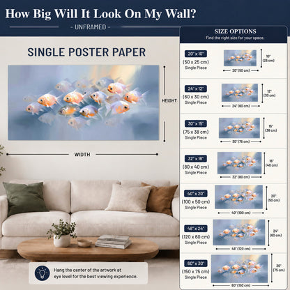 Rounded peach and gold fish floating in a softly lit blue underwater scene single poster print size guide above a sofa; room view is illustrative