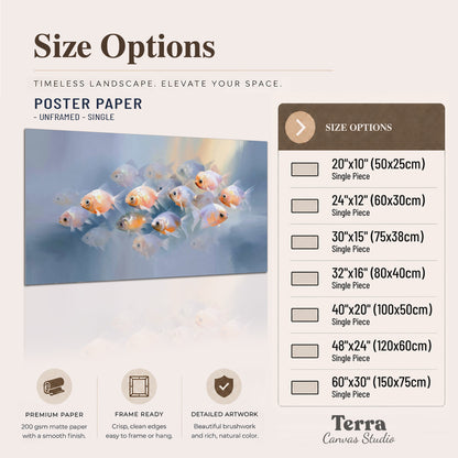 Rounded peach and gold fish floating in a softly lit blue underwater scene single poster print available dimensions