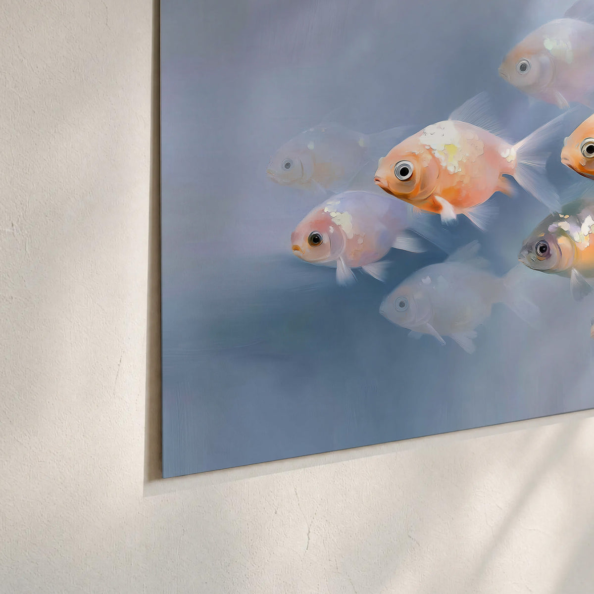 Rounded peach and gold fish floating in a softly lit blue underwater scene set of 3 poster prints material and edge close up