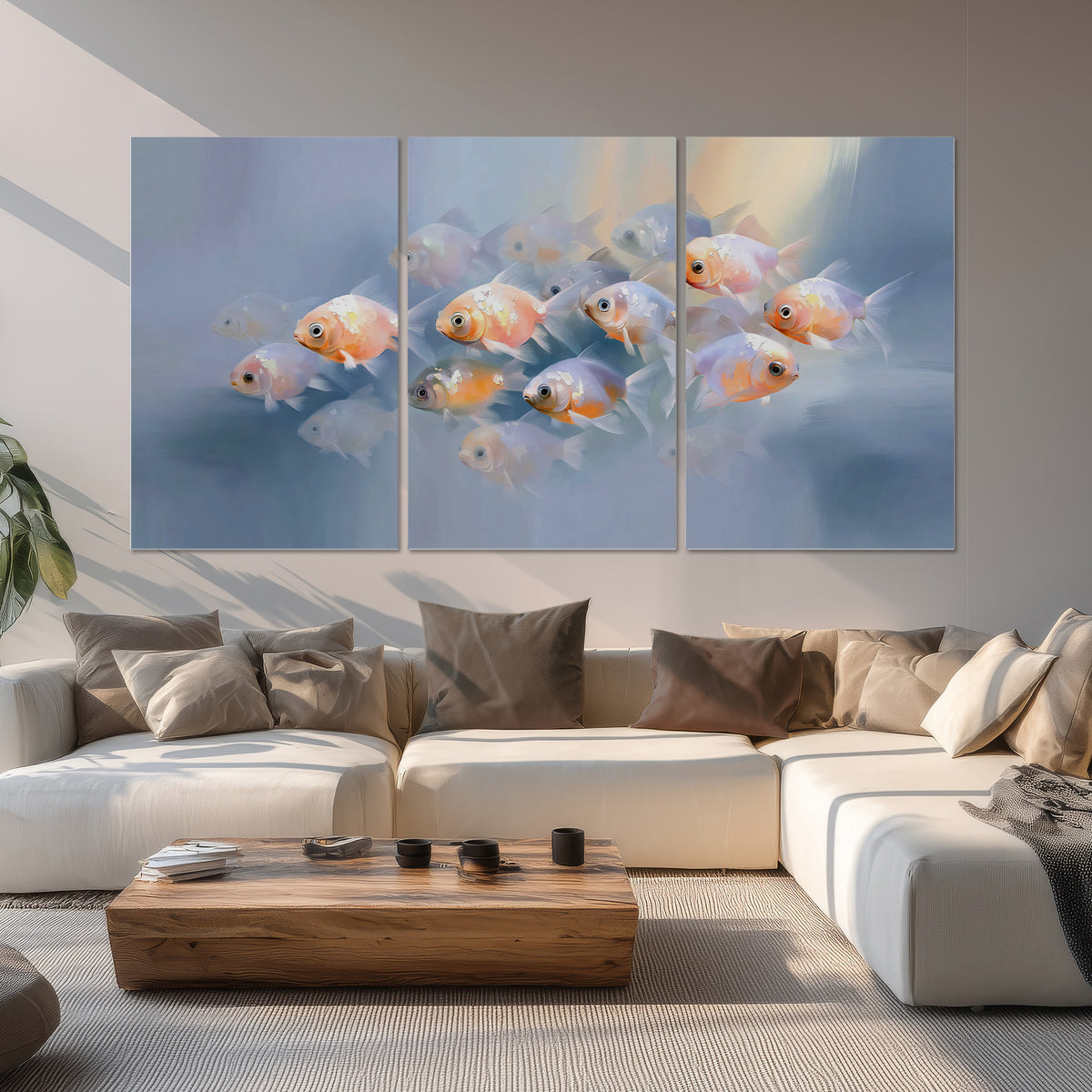 Rounded peach and gold fish floating in a softly lit blue underwater scene set of 3 poster prints displayed in a living room
