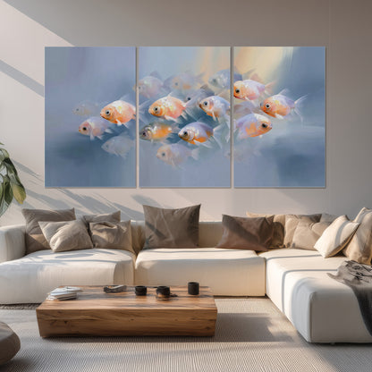 Rounded peach and gold fish floating in a softly lit blue underwater scene set of 3 poster prints displayed in a living room