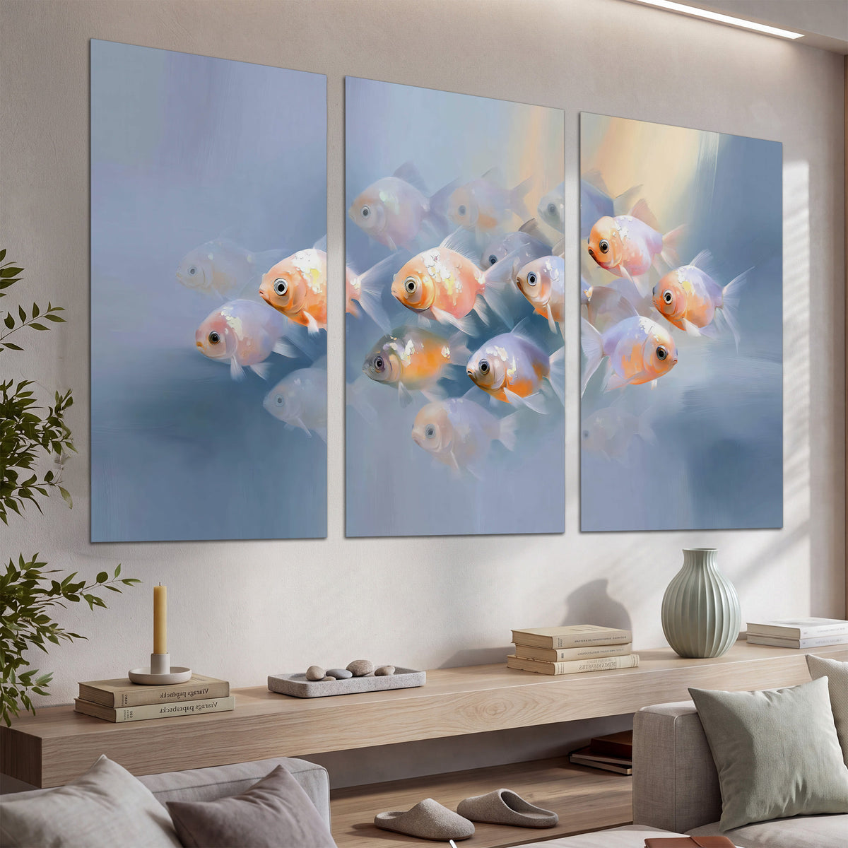 Rounded peach and gold fish floating in a softly lit blue underwater scene set of 3 poster prints displayed in a console