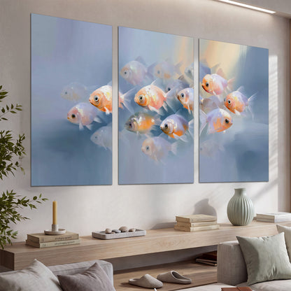 Rounded peach and gold fish floating in a softly lit blue underwater scene set of 3 poster prints displayed in a console