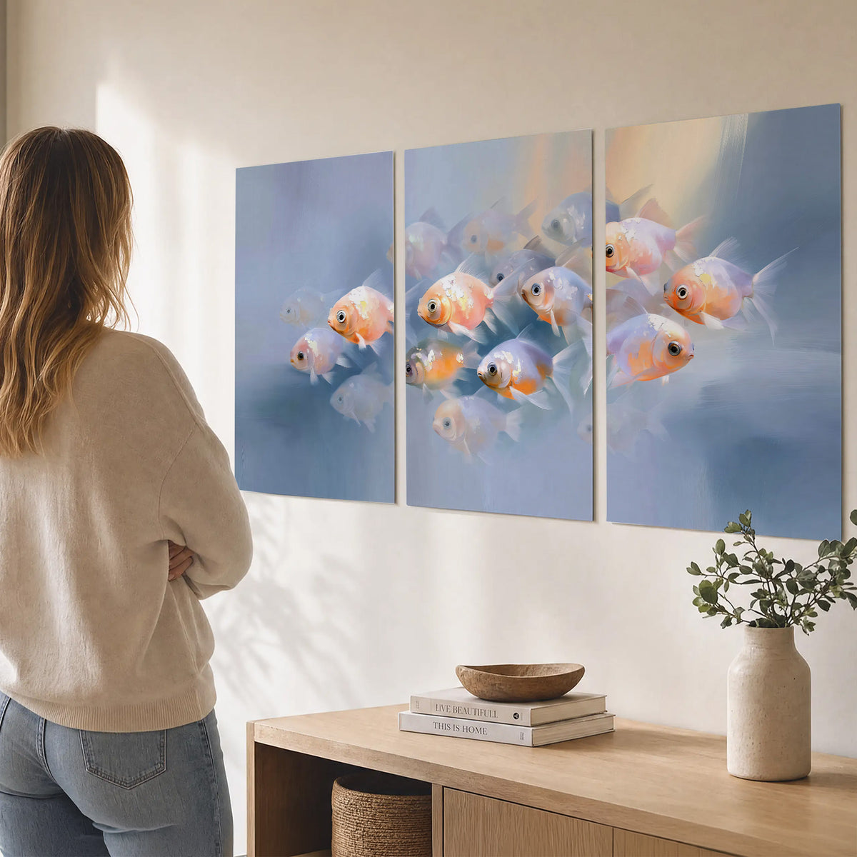 Rounded peach and gold fish floating in a softly lit blue underwater scene set of 3 poster prints three panel arrangement on a wall
