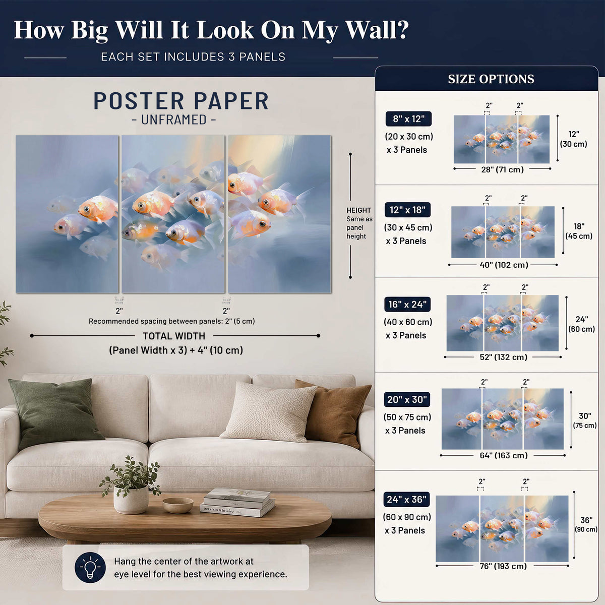 Rounded peach and gold fish floating in a softly lit blue underwater scene set of 3 poster prints size guide above a sofa; room view is illustrative