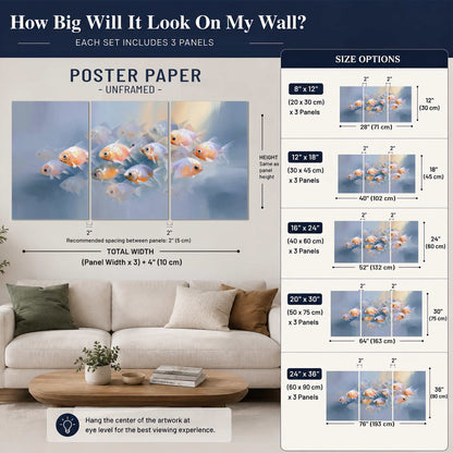 Rounded peach and gold fish floating in a softly lit blue underwater scene set of 3 poster prints size guide above a sofa; room view is illustrative