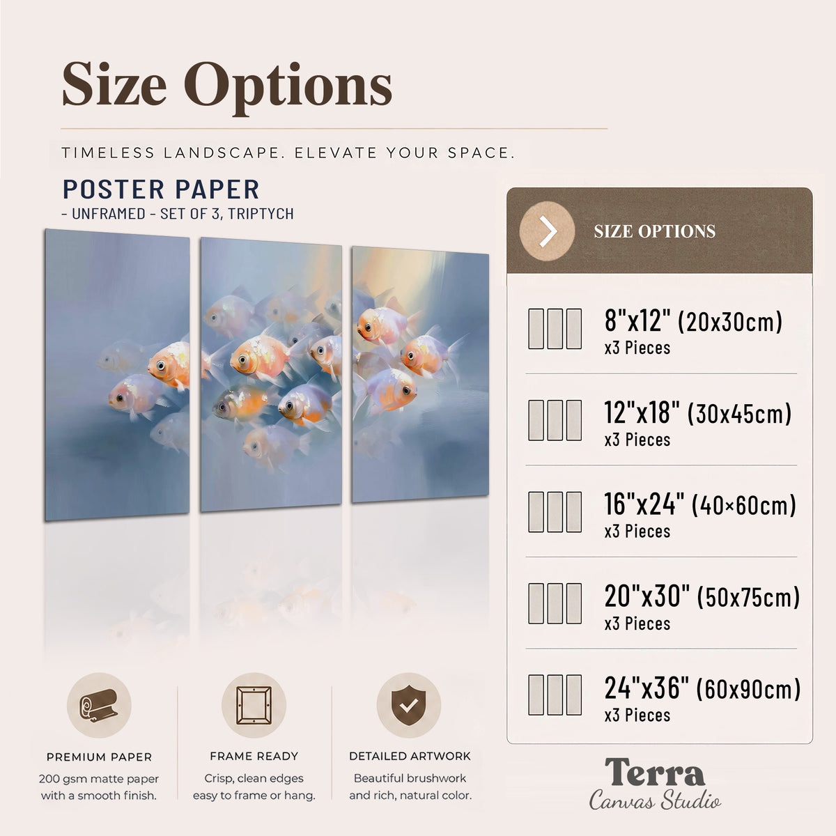 Rounded peach and gold fish floating in a softly lit blue underwater scene set of 3 poster prints available dimensions; triptych dimensions are per panel