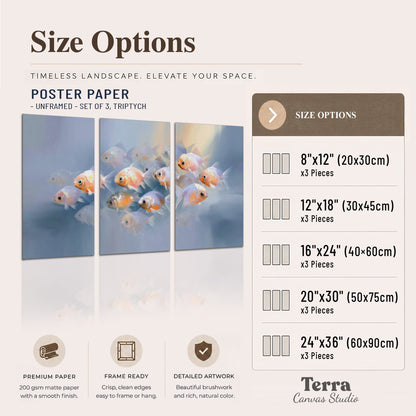 Rounded peach and gold fish floating in a softly lit blue underwater scene set of 3 poster prints available dimensions; triptych dimensions are per panel