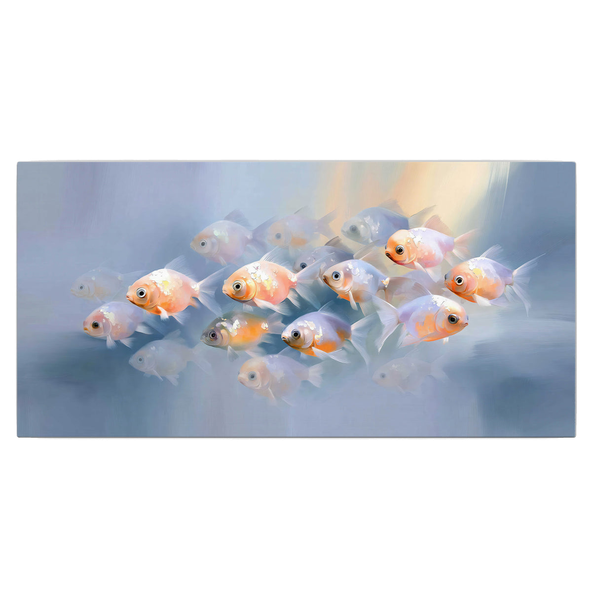 Rounded peach and gold fish floating in a softly lit blue underwater scene single canvas wall art viewed straight on