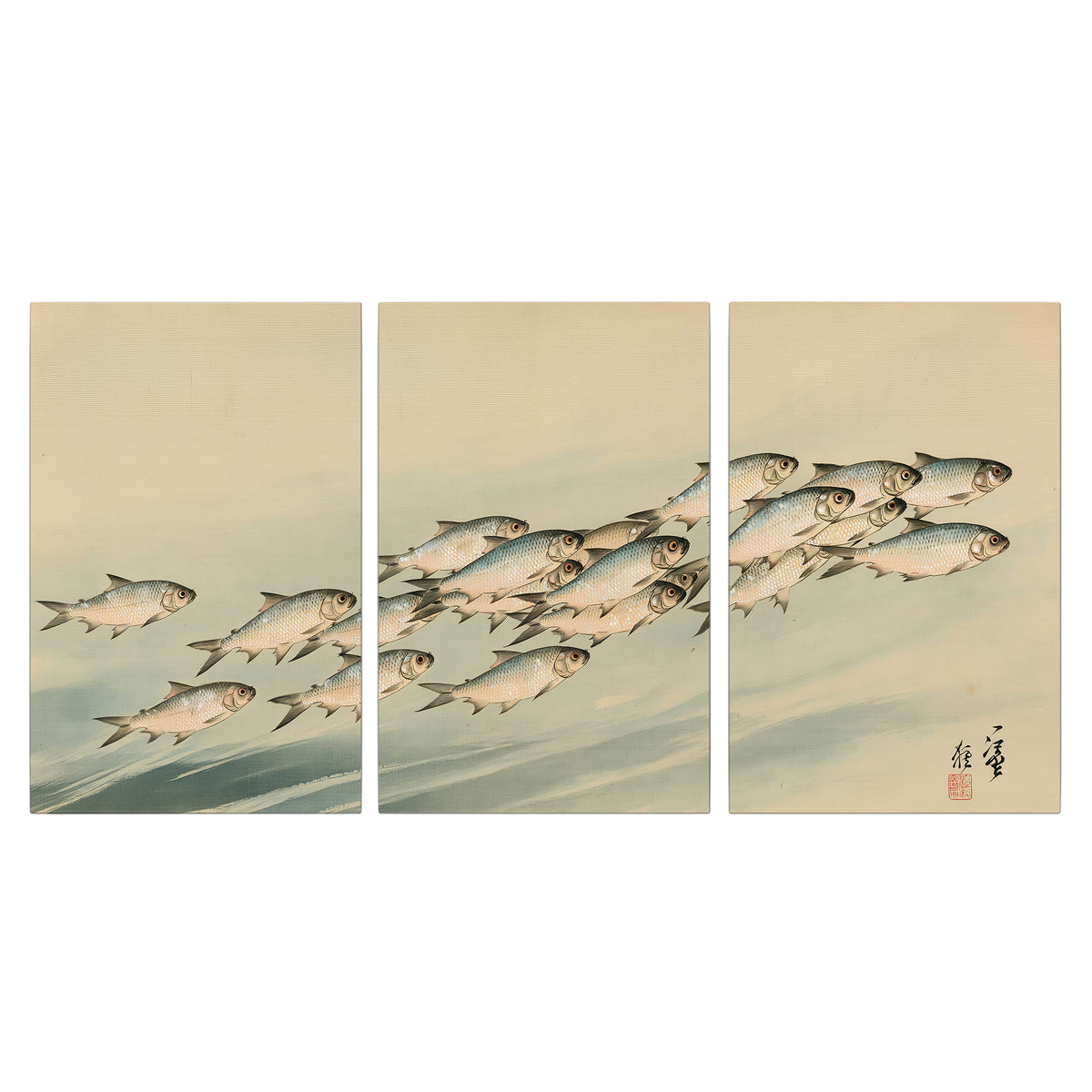 A flowing school of small fish above pale blue water on a cream ground 3 piece canvas wall art viewed straight on