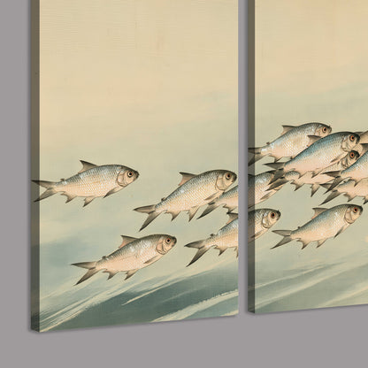 A flowing school of small fish above pale blue water on a cream ground 3 piece canvas wall art room and product view