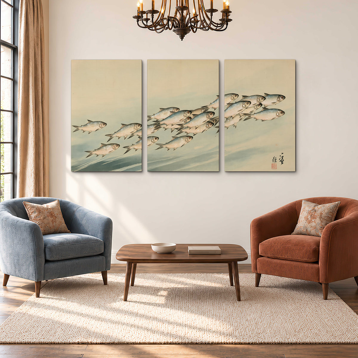 A flowing school of small fish above pale blue water on a cream ground 3 piece canvas wall art styled in an interior