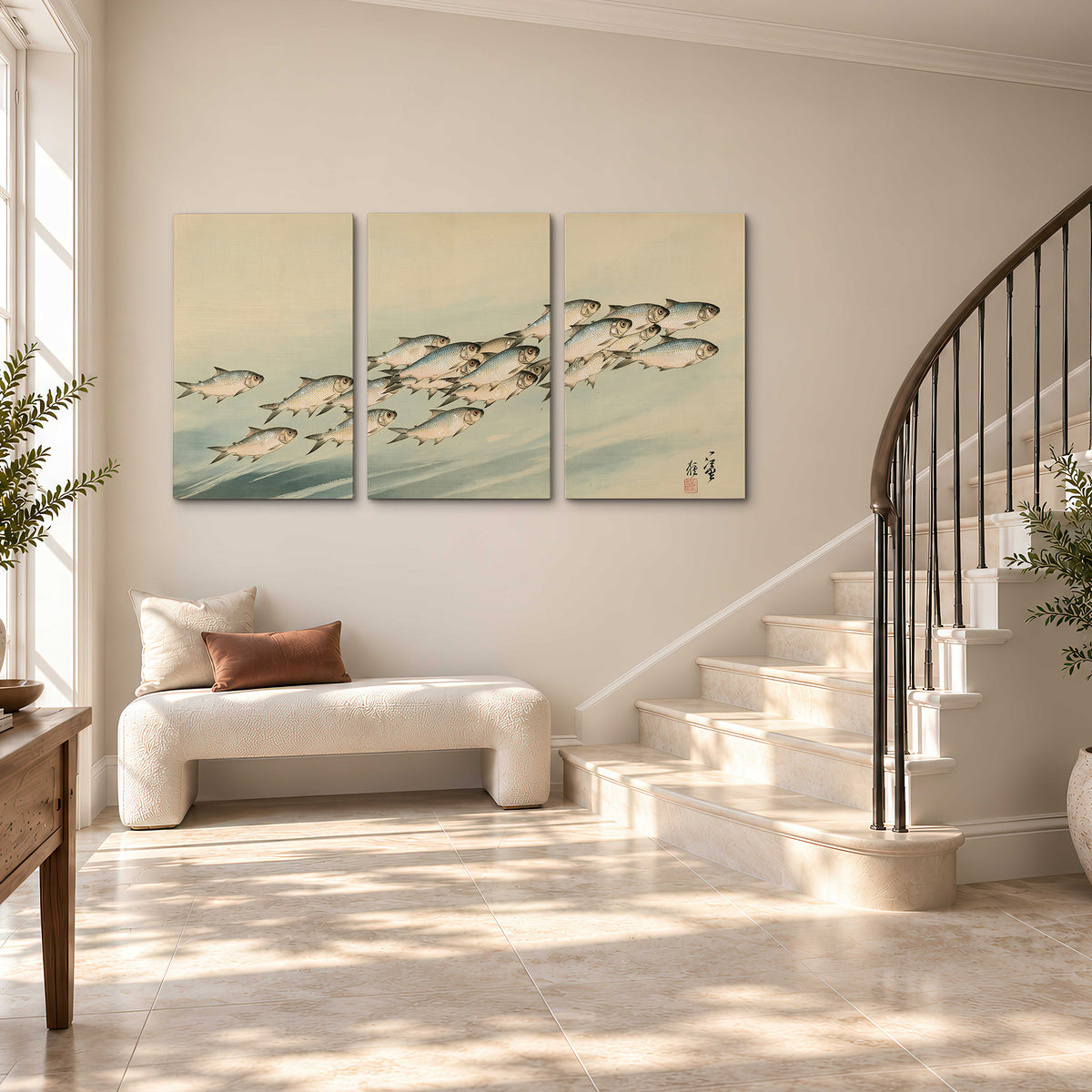 A flowing school of small fish above pale blue water on a cream ground 3 piece canvas wall art styled in an interior