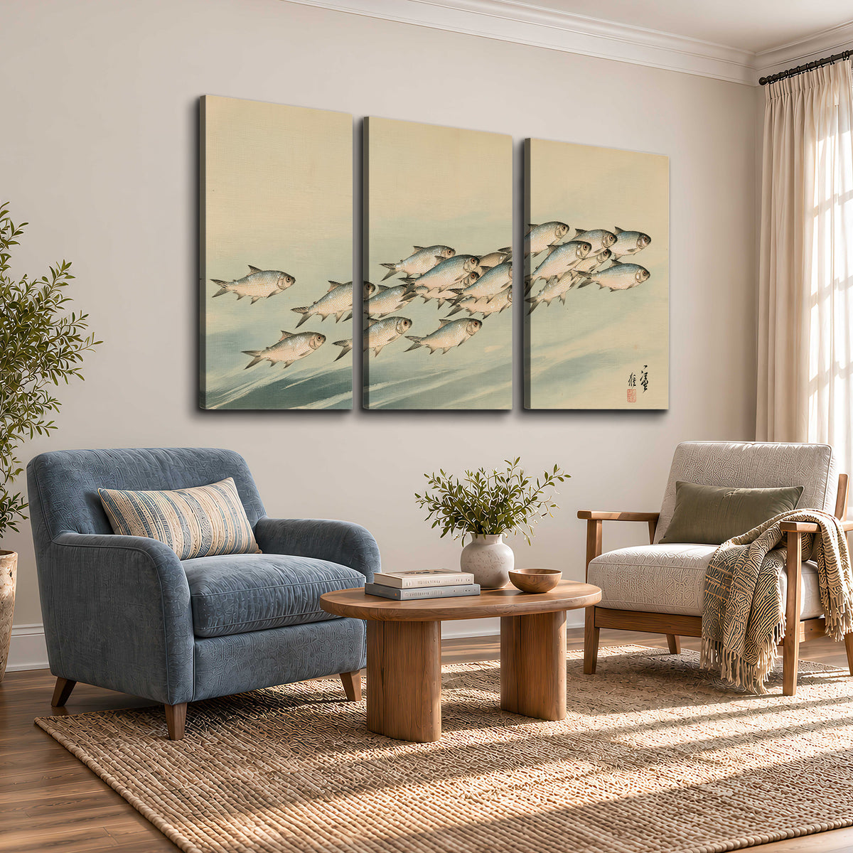 A flowing school of small fish above pale blue water on a cream ground 3 piece canvas wall art styled in an interior