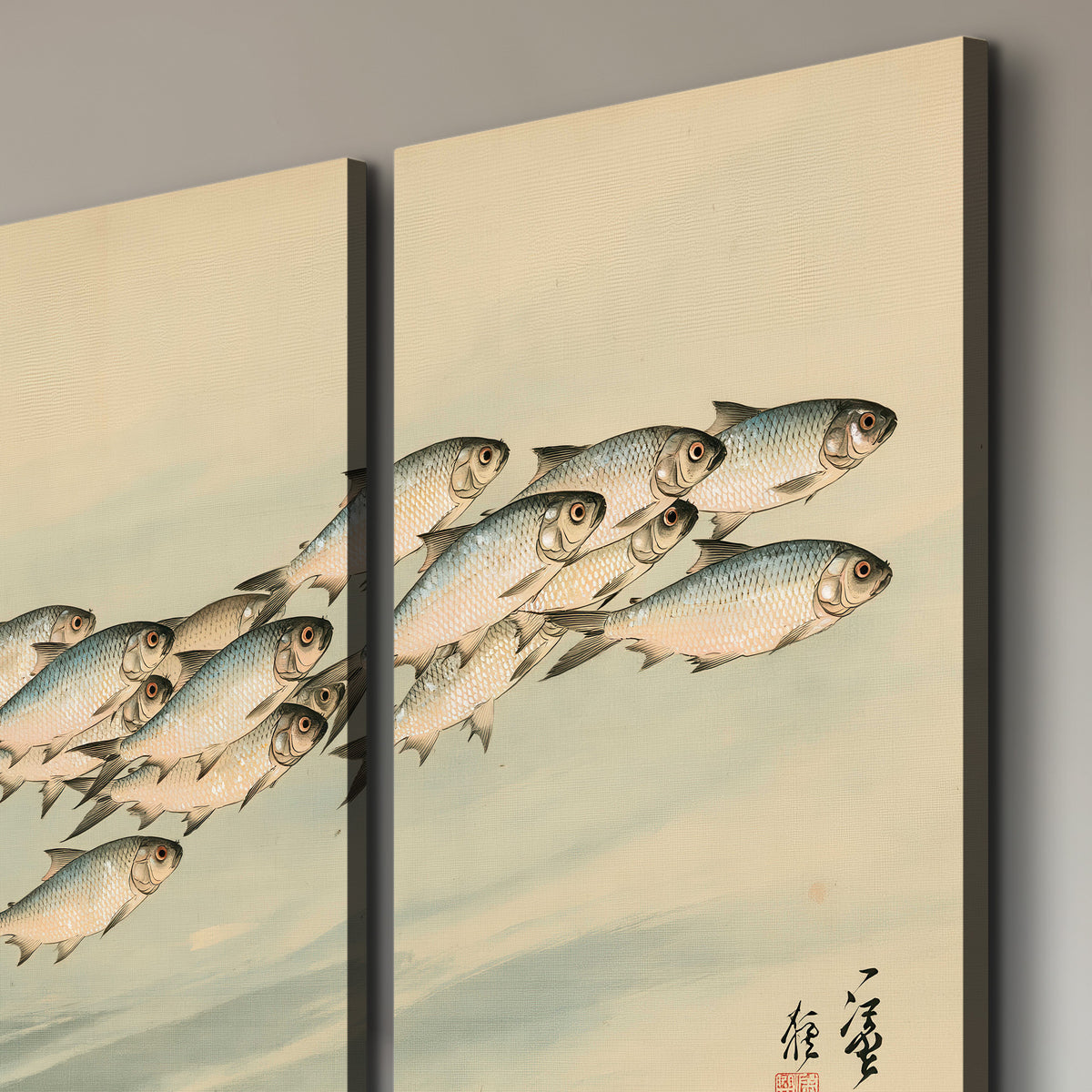 A flowing school of small fish above pale blue water on a cream ground 3 piece canvas wall art room and product view