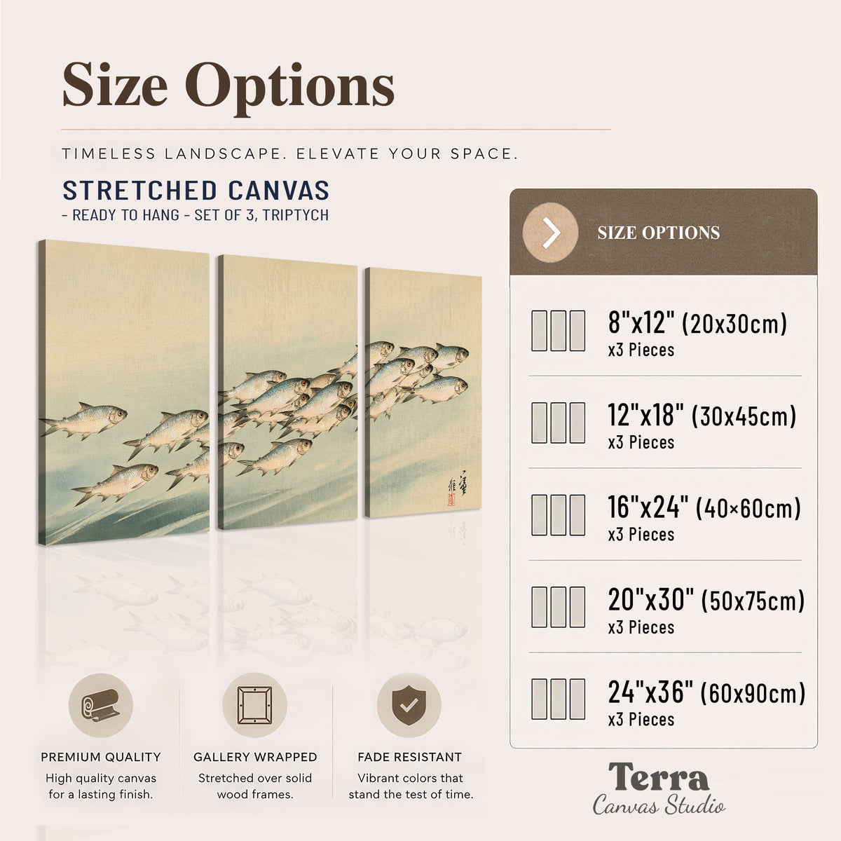A flowing school of small fish above pale blue water on a cream ground 3 piece canvas wall art available dimensions; triptych dimensions are per panel