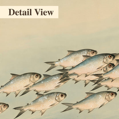 A flowing school of small fish above pale blue water on a cream ground 3 piece canvas wall art artwork detail close up