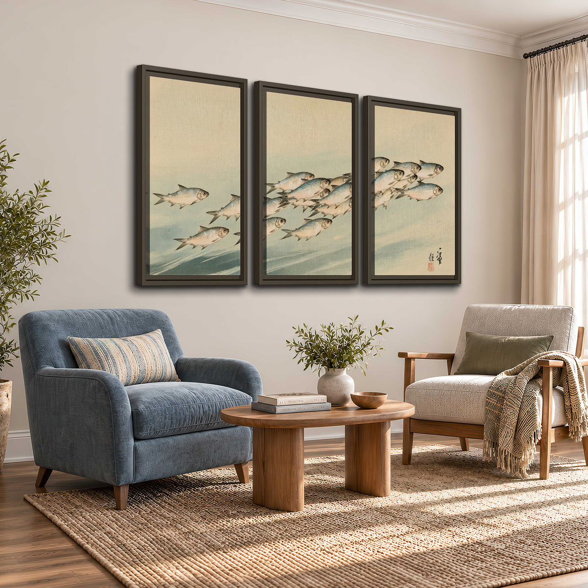 A flowing school of small fish above pale blue water on a cream ground 3 piece framed canvas wall art styled in an interior
