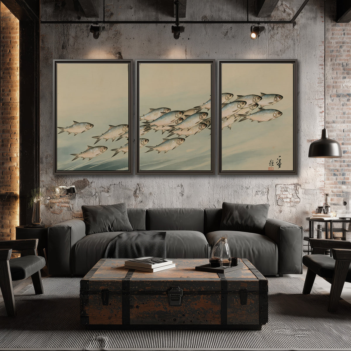A flowing school of small fish above pale blue water on a cream ground 3 piece framed canvas wall art displayed in a industrial room