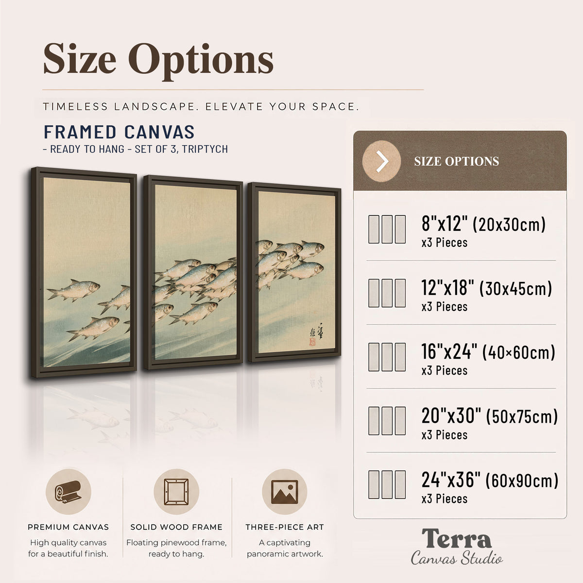 A flowing school of small fish above pale blue water on a cream ground 3 piece framed canvas wall art available dimensions; triptych dimensions are per panel