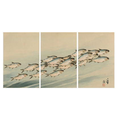 A flowing school of small fish above pale blue water on a cream ground set of 3 poster prints viewed straight on
