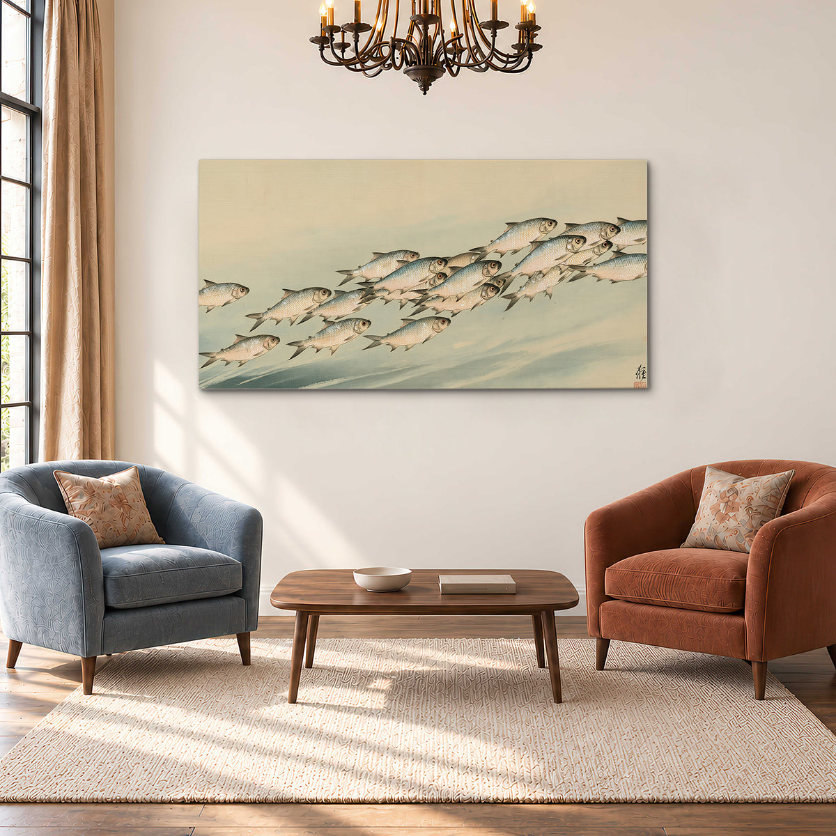 A flowing school of small fish above pale blue water on a cream ground single canvas wall art styled in an interior