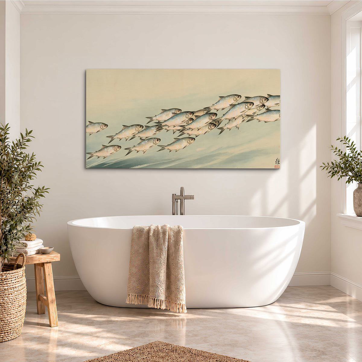 A flowing school of small fish above pale blue water on a cream ground single canvas wall art styled in an interior