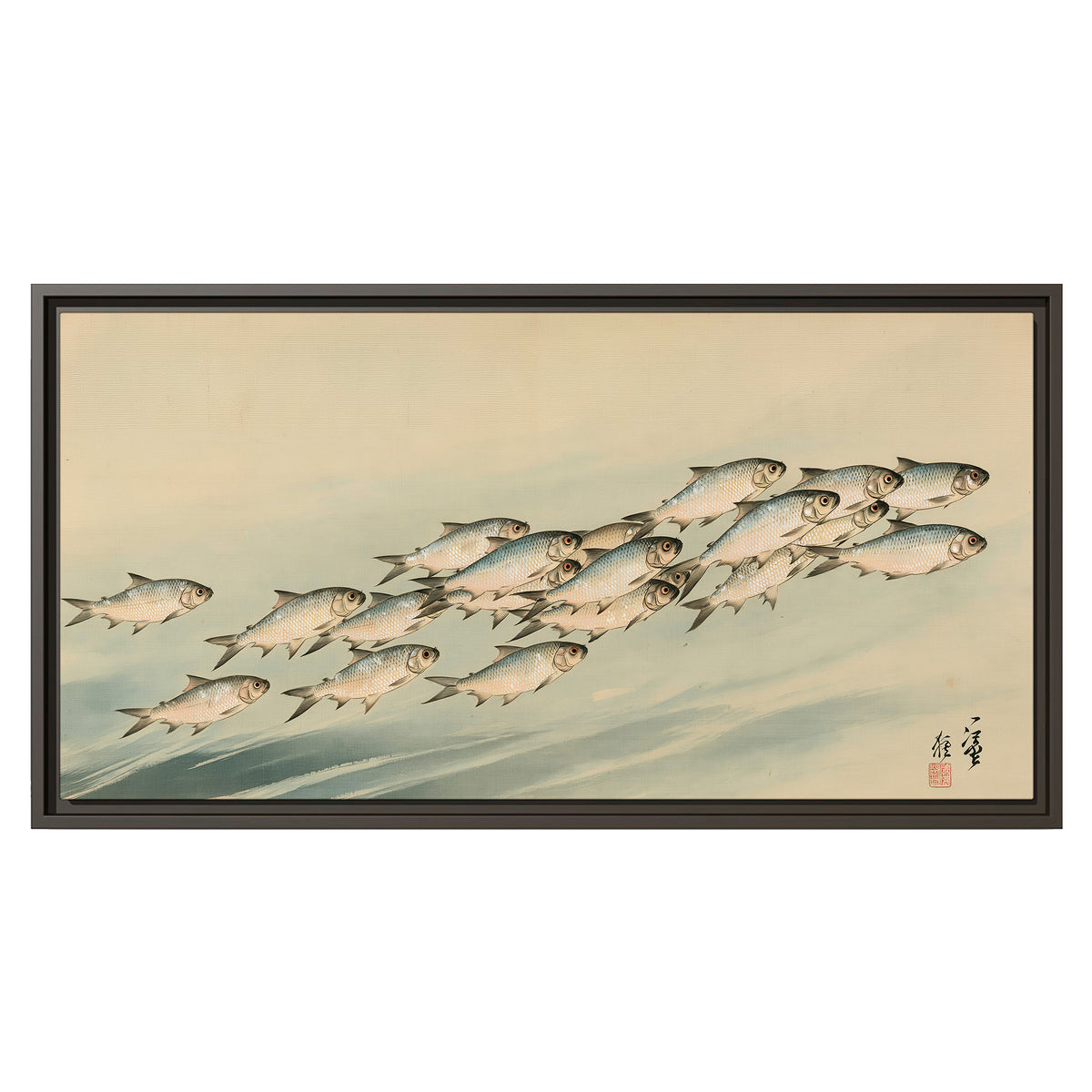 A flowing school of small fish above pale blue water on a cream ground single framed canvas wall art viewed straight on