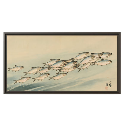 A flowing school of small fish above pale blue water on a cream ground single framed canvas wall art viewed straight on