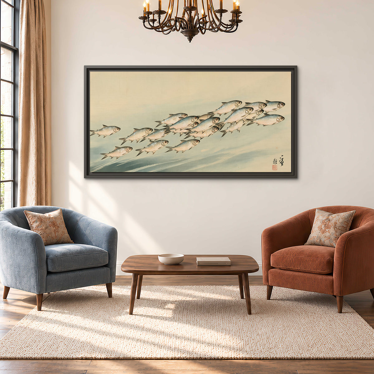 A flowing school of small fish above pale blue water on a cream ground single framed canvas wall art styled in an interior