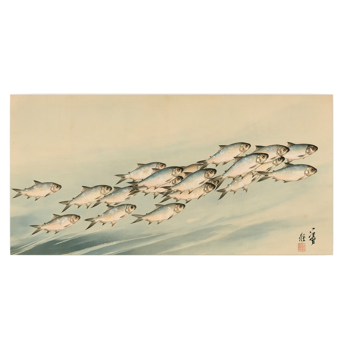 A flowing school of small fish above pale blue water on a cream ground single poster print viewed straight on